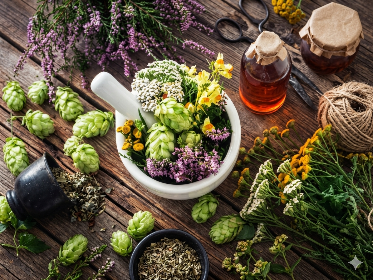 Plantes et mortier illustrant les conseils naturopathiques